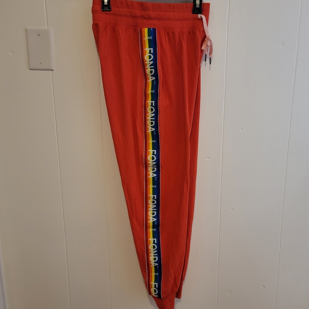 Rainbow pride Jane Fonda red high waist joggers